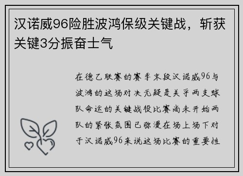 汉诺威96险胜波鸿保级关键战，斩获关键3分振奋士气