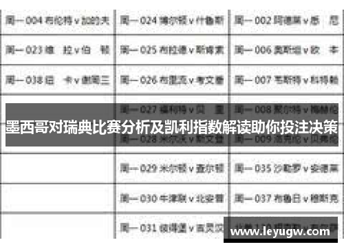 墨西哥对瑞典比赛分析及凯利指数解读助你投注决策